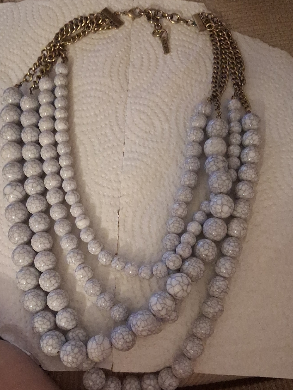 Layered White Crackle Bead Necklace with Gold-Tone Chains